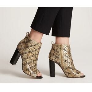 CALVIN KLEIN Jules Gold Snake Print Leather Studded Peep Toe Ankle Booties Sz 7